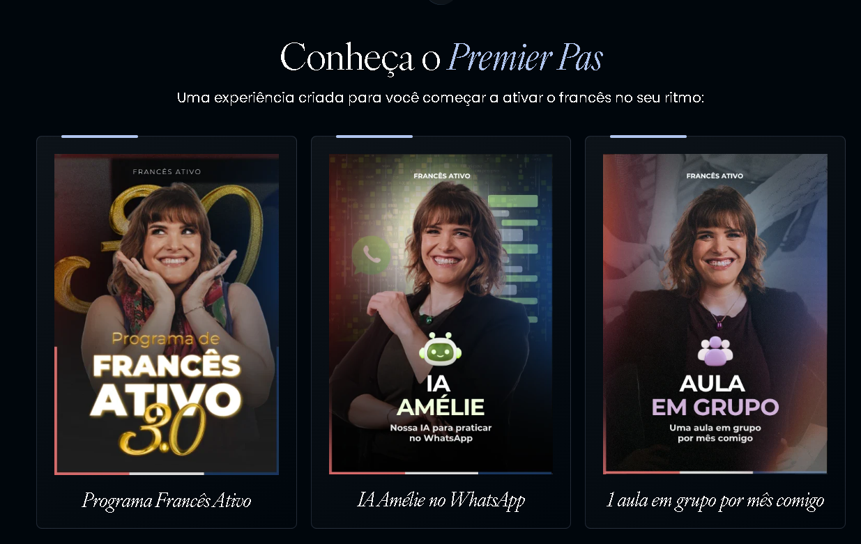 Programa Francês Ativo, IA Amélie no WhatsApp e uma aula em grupo por mês